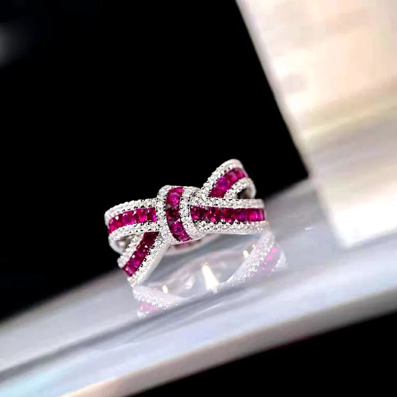Q944 Bowknot Cocktail Ring Women's Natural Zircon Round Micro Insert Engagement Rhodium Plated Fashion Ring