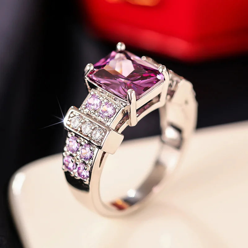 Geometric Sapphire Ring Women Prong Setting Emerald Cut Elegant Engagement Fashion Daily Wear Jewelry