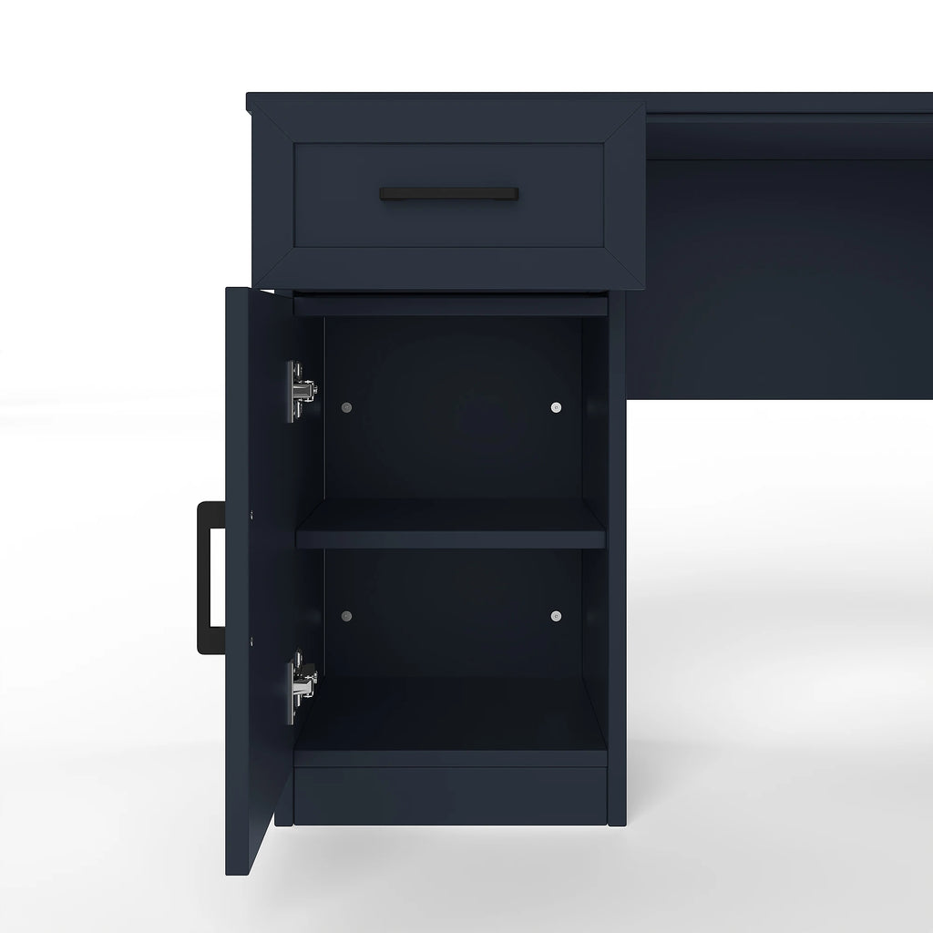 L-Shaped Computer Desk with 2 Cabinets 2 Drawers 11 Open Shelves 1 Right Flip Shelf Power Outlet Antique Blue Finish