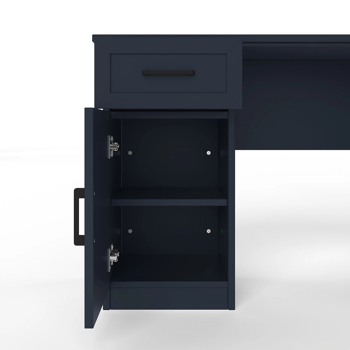 L-Shaped Computer Desk with 2 Cabinets 2 Drawers 11 Open Shelves 1 Right Flip Shelf Power Outlet Antique Blue Finish