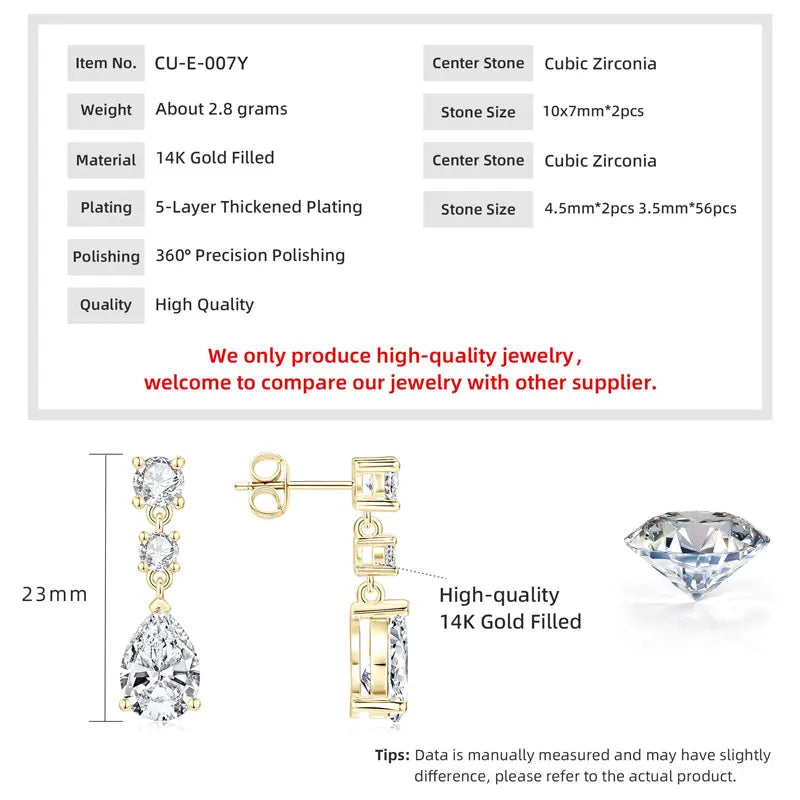 Wholesale Trendy Geometric 14K Gold Filled Symmetrical Round & Pear Piercing Zircon Waterdrop Fashion Drop Earrings for Women