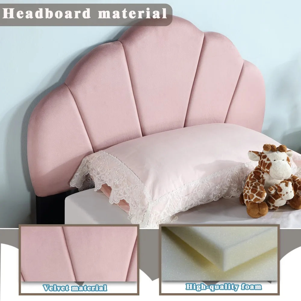Upholstered Twin Size Platform Bed for Kids, Wooden Bed Frame with Slatted Bed Base, Cute Bed Frame with Shell Design Headboard