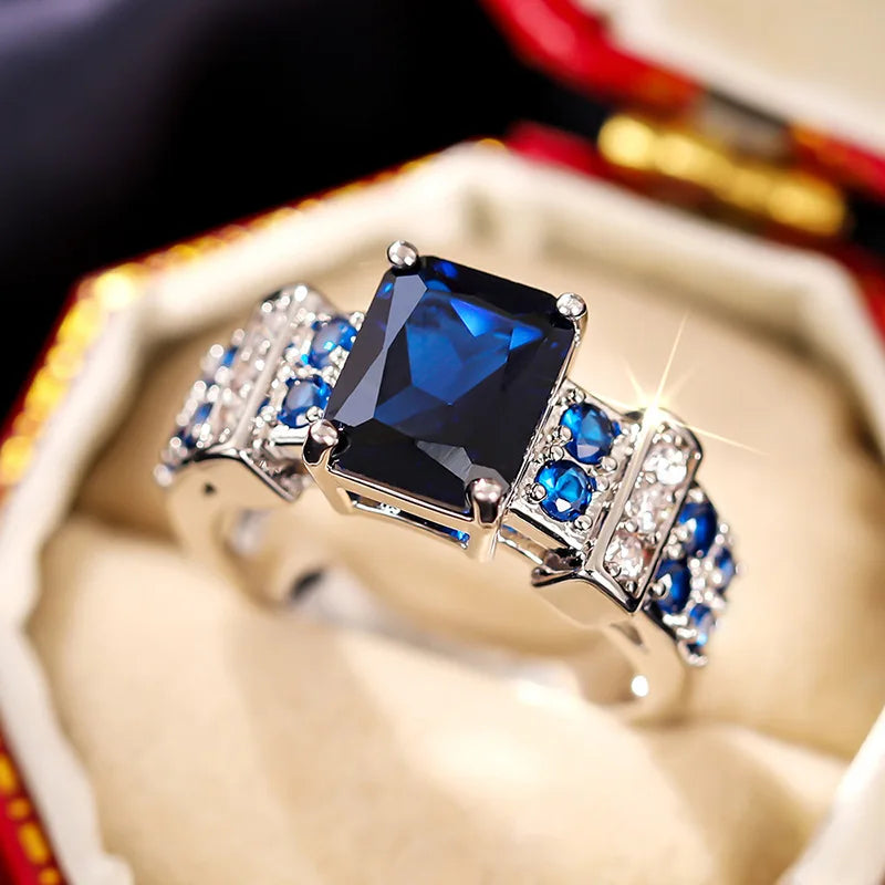 Geometric Sapphire Ring Women Prong Setting Emerald Cut Elegant Engagement Fashion Daily Wear Jewelry