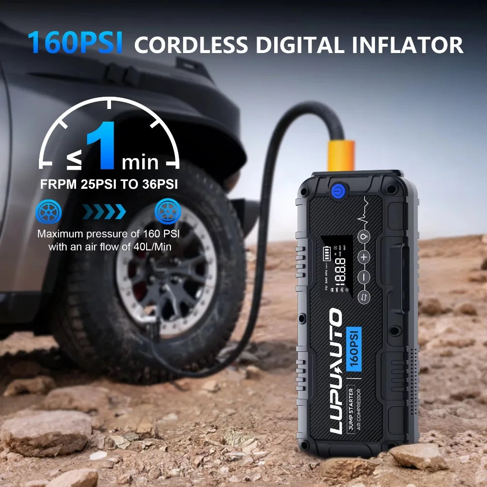 4-in-1 Portable 4000A Car Battery Charger Power Bank Tire Inflator with LED Light 160PSI Air Compressor Battery Booster