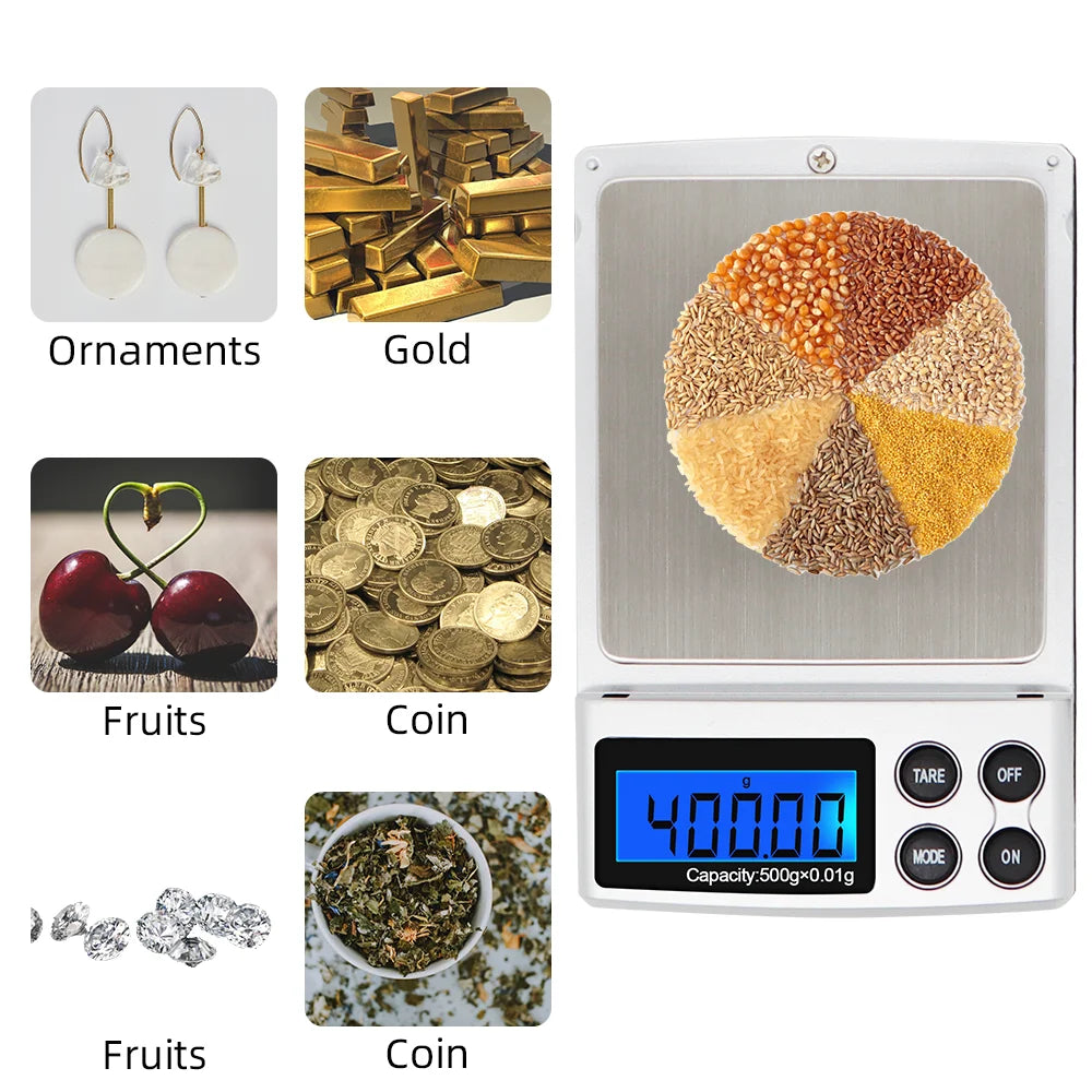 Mini Electronic Jewelry Scale Pocket 100/200/300/500/1000/2000g 0.01/0.1g Kitchen Scales Balance with BackLight