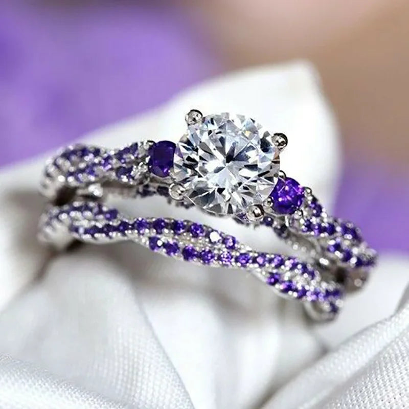 F199 Women's White Gold Lab Grown Diamond Ring Round Brilliant Cut D Color Amethyst Side Stones Engagement Jewelry