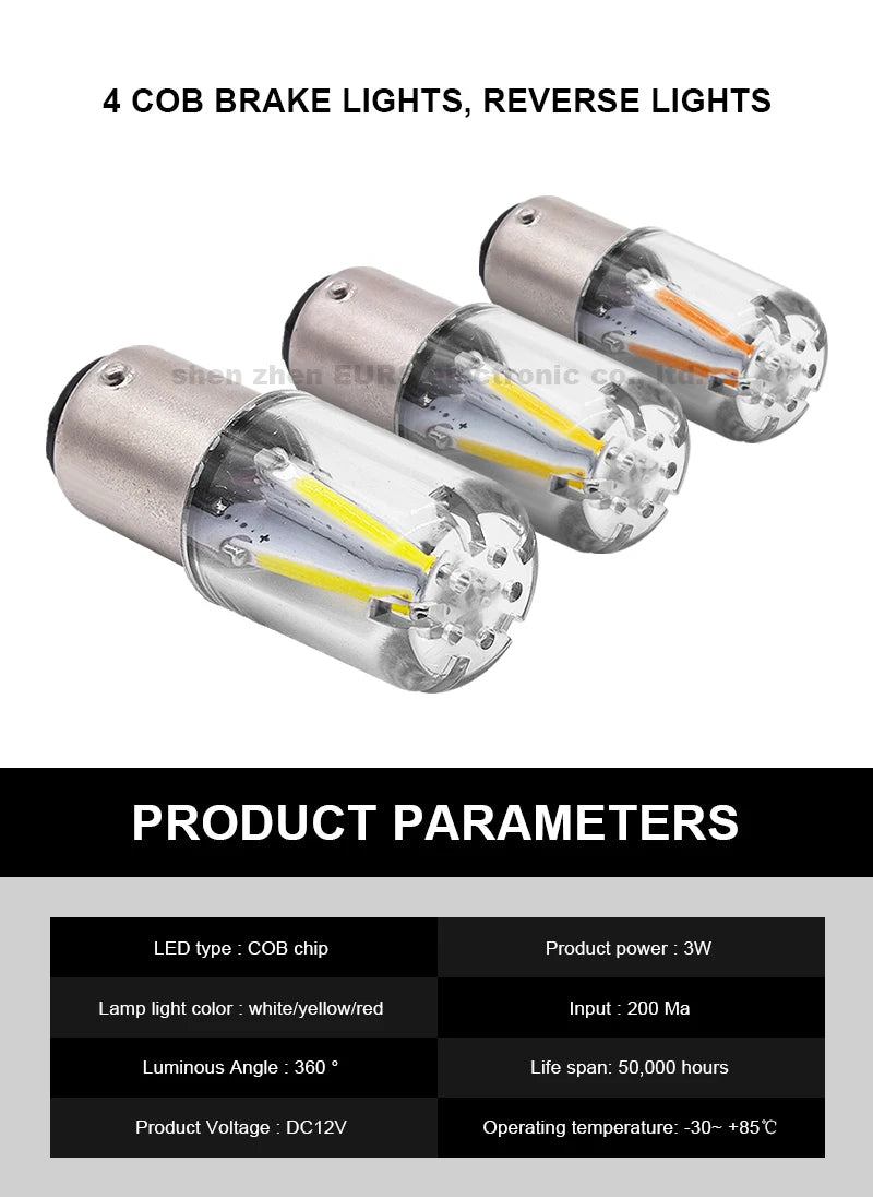2pcs 1156 P21W BA15S 1157 BAY15D COB LED Filament Chip Car Brake Lights Auto Reverse Bulb Parking Lamp 12V Red White Yellow COB