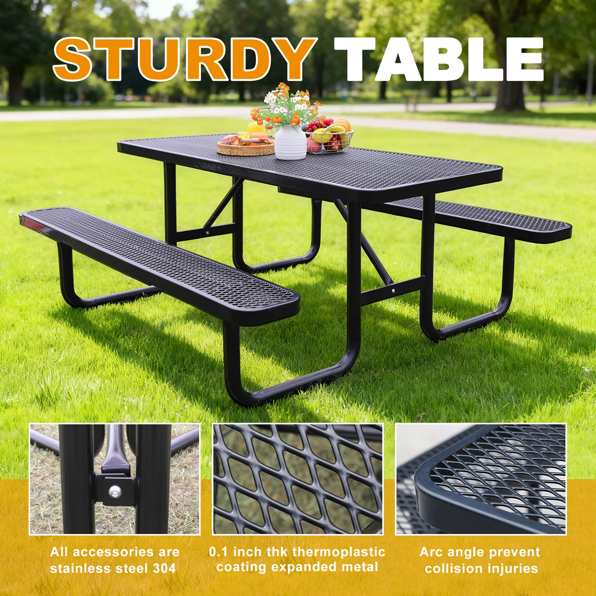 Outdoor Furniture Expanded Metal 4ft 6ft Rectangular Commercial Picnic Table With Bench Outside Patio Steel Camping Dining Table