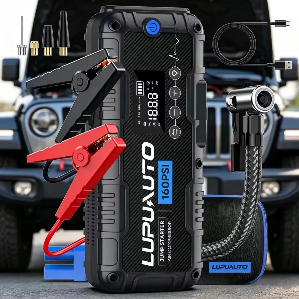4-in-1 Portable 4000A Car Battery Charger Power Bank Tire Inflator with LED Light 160PSI Air Compressor Battery Booster
