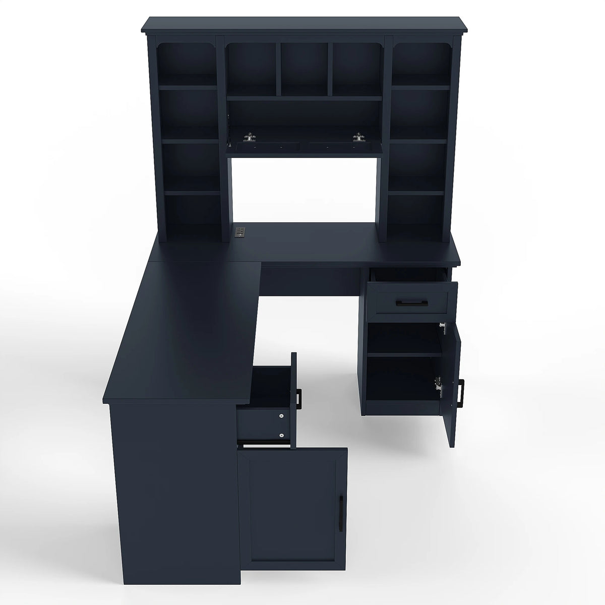 L-Shaped Computer Desk with 2 Cabinets 2 Drawers 11 Open Shelves 1 Right Flip Shelf Power Outlet Antique Blue Finish
