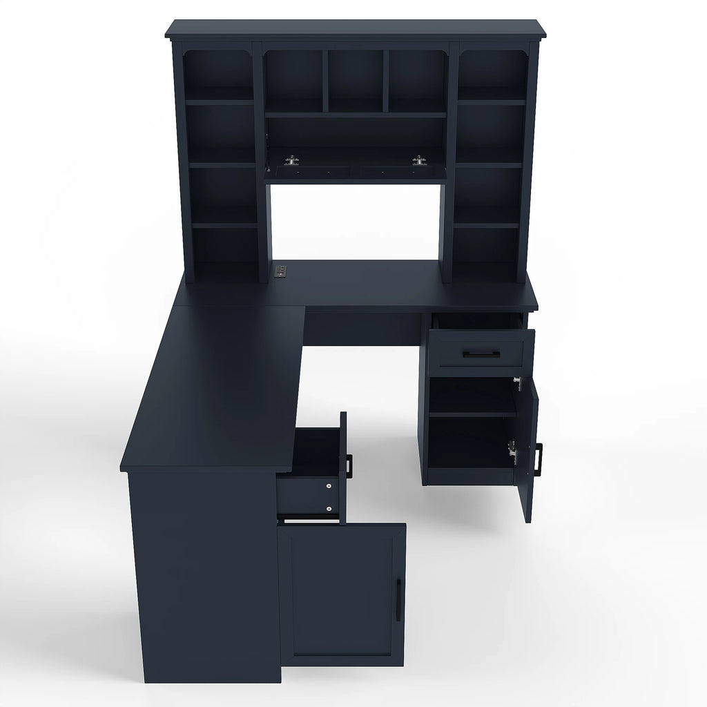 L-Shaped Computer Desk with 2 Cabinets 2 Drawers 11 Open Shelves 1 Right Flip Shelf Power Outlet Antique Blue Finish