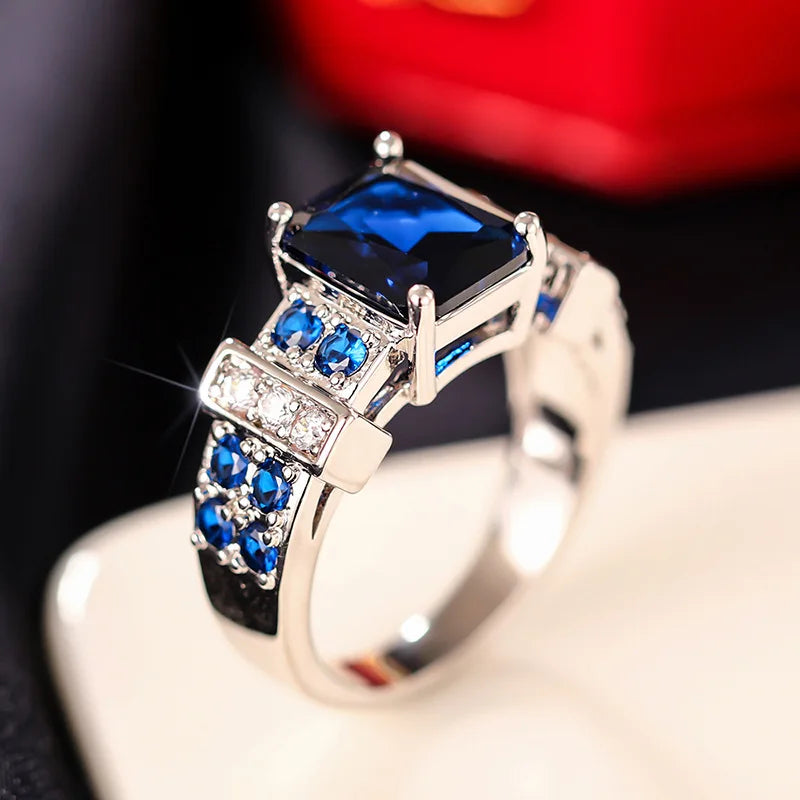 Geometric Sapphire Ring Women Prong Setting Emerald Cut Elegant Engagement Fashion Daily Wear Jewelry