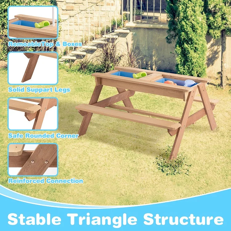 3-in-1 Kids Outdoor Wooden Picnic Table With Umbrella