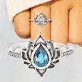 Q255 Lotus Flower Ring Women's Lab Created Blue Cubic Zirconia Pear Shape Prong Setting Engagement Fashion Rings