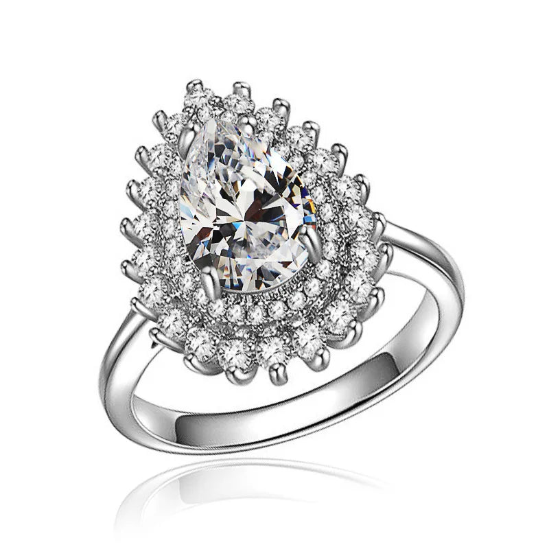 T0825 Women's Emerald Crystal Ring Water Drop Shape Party Jewelry Rhinestone Accent Silver Tone Band