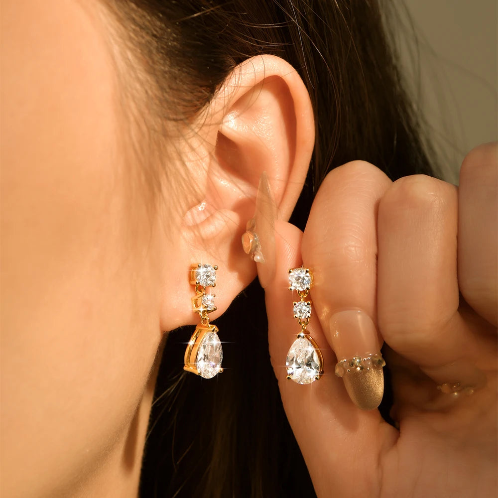 Wholesale Trendy Geometric 14K Gold Filled Symmetrical Round & Pear Piercing Zircon Waterdrop Fashion Drop Earrings for Women