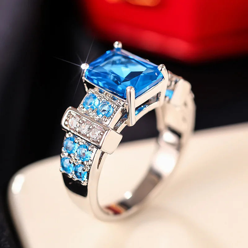 Geometric Sapphire Ring Women Prong Setting Emerald Cut Elegant Engagement Fashion Daily Wear Jewelry