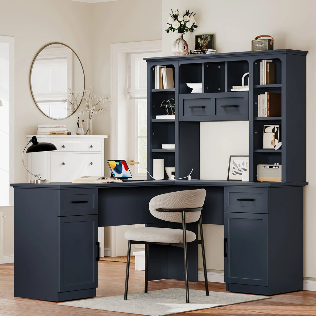 L-Shaped Computer Desk with 2 Cabinets 2 Drawers 11 Open Shelves 1 Right Flip Shelf Power Outlet Antique Blue Finish