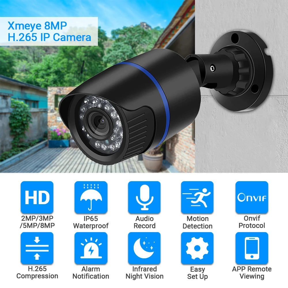 8MP 4K Ultra HD IP Camera 5MP Bullet Web Camera Audio Record Motion Detection Waterproof Outdoor Camera XMeye Cloud H.265