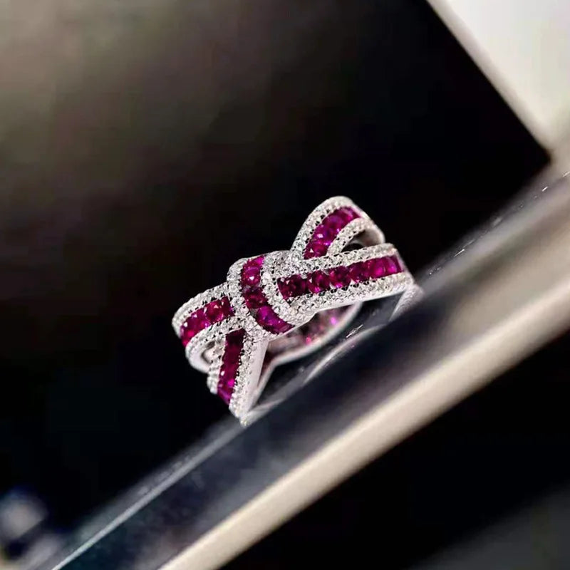 Q944 Bowknot Cocktail Ring Women's Natural Zircon Round Micro Insert Engagement Rhodium Plated Fashion Ring