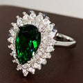 T0825 Women's Emerald Crystal Ring Water Drop Shape Party Jewelry Rhinestone Accent Silver Tone Band
