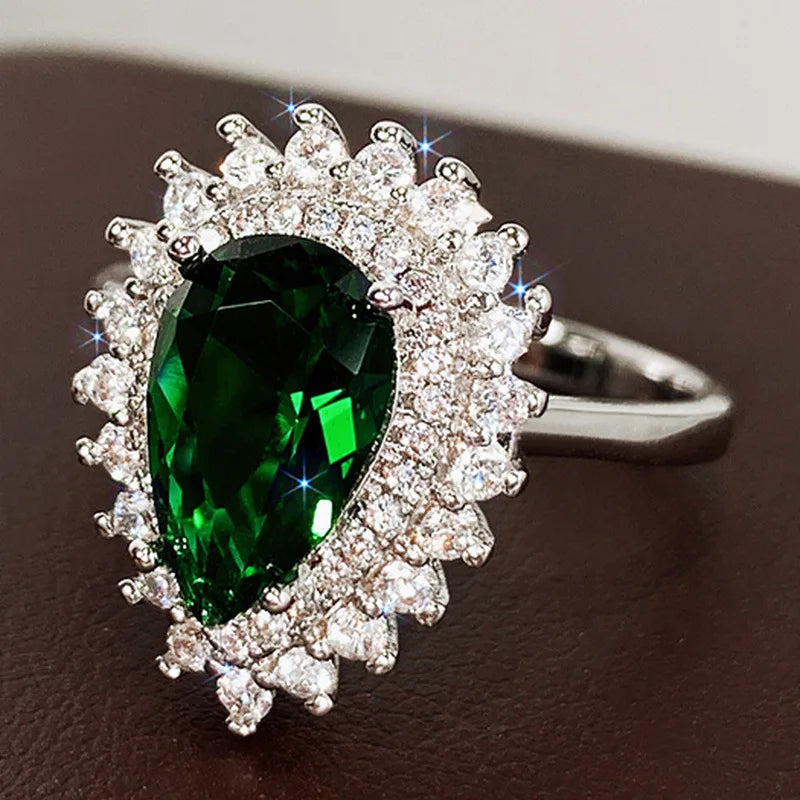 T0825 Women's Emerald Crystal Ring Water Drop Shape Party Jewelry Rhinestone Accent Silver Tone Band