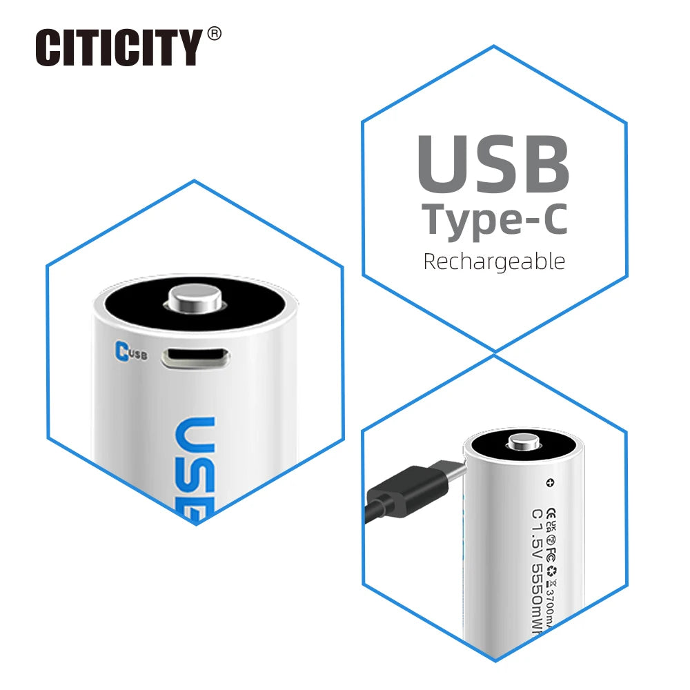 CITICITY Rechargeable C Cylindrical Lithium Ion Battery 1.5V 3000mAh USB Charger Included 3.5H Fast Charge 1200+ Cycles