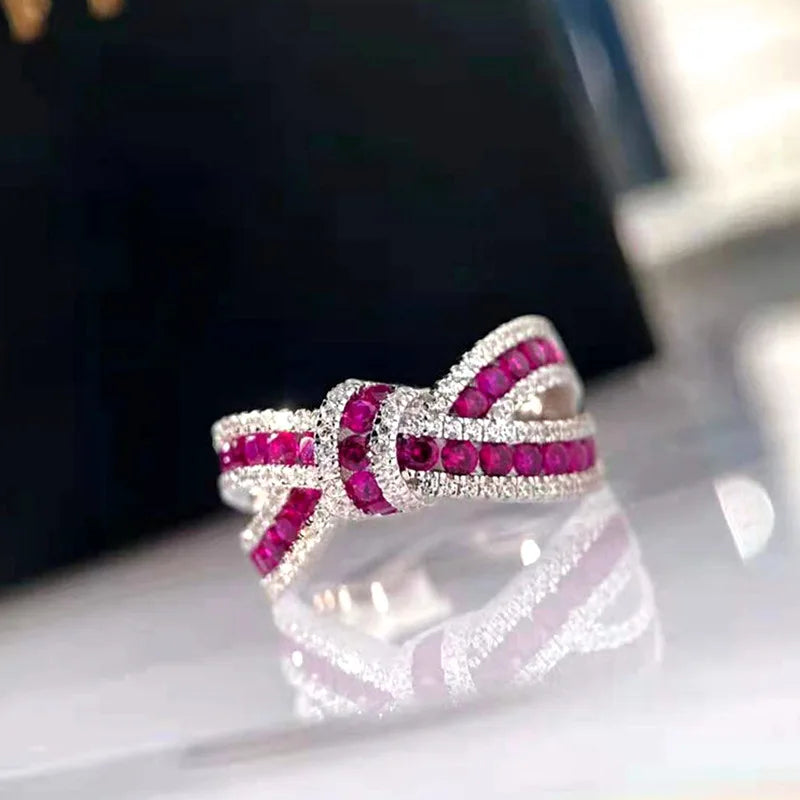 Q944 Bowknot Cocktail Ring Women's Natural Zircon Round Micro Insert Engagement Rhodium Plated Fashion Ring