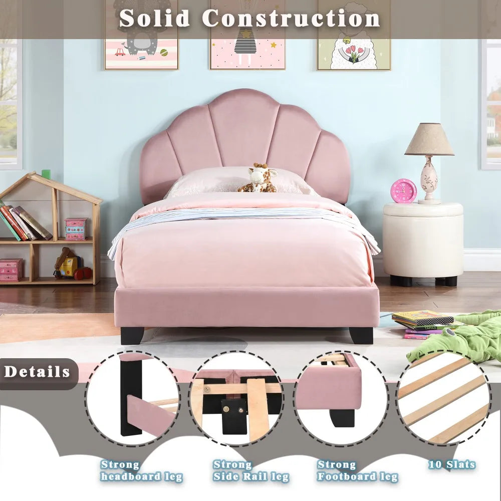 Upholstered Twin Size Platform Bed for Kids, Wooden Bed Frame with Slatted Bed Base, Cute Bed Frame with Shell Design Headboard