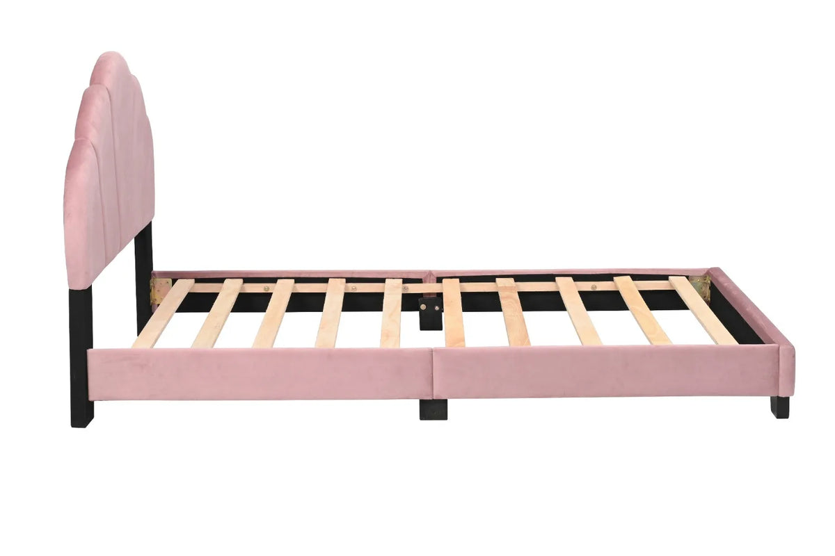 Upholstered Twin Size Platform Bed for Kids, Wooden Bed Frame with Slatted Bed Base, Cute Bed Frame with Shell Design Headboard