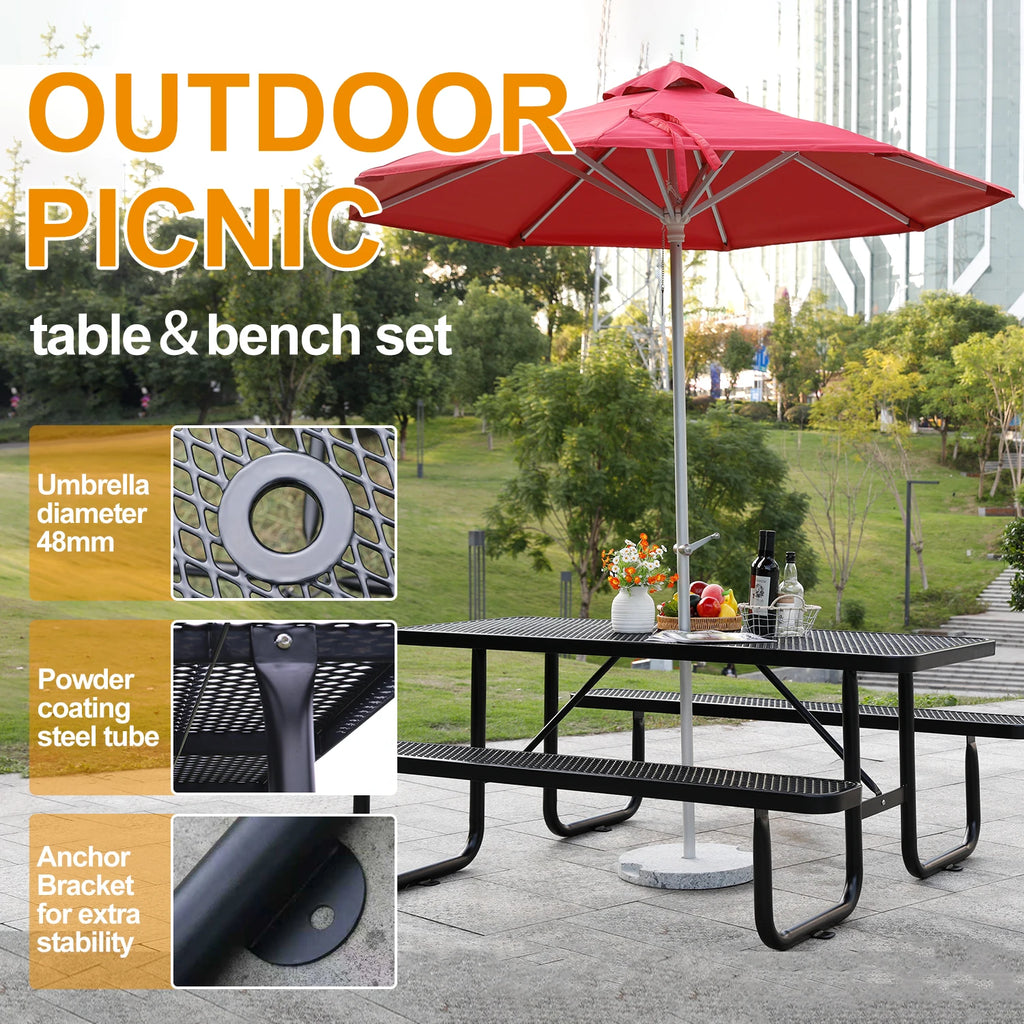 Outdoor Furniture Expanded Metal 4ft 6ft Rectangular Commercial Picnic Table With Bench Outside Patio Steel Camping Dining Table