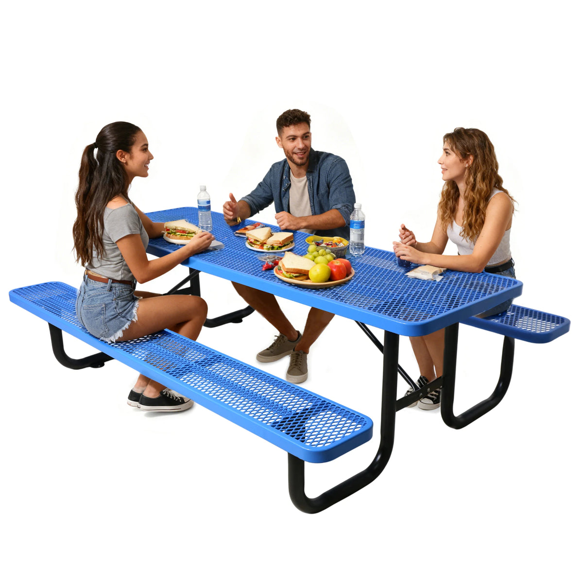 Outdoor Furniture Expanded Metal 4ft 6ft Rectangular Commercial Picnic Table With Bench Outside Patio Steel Camping Dining Table