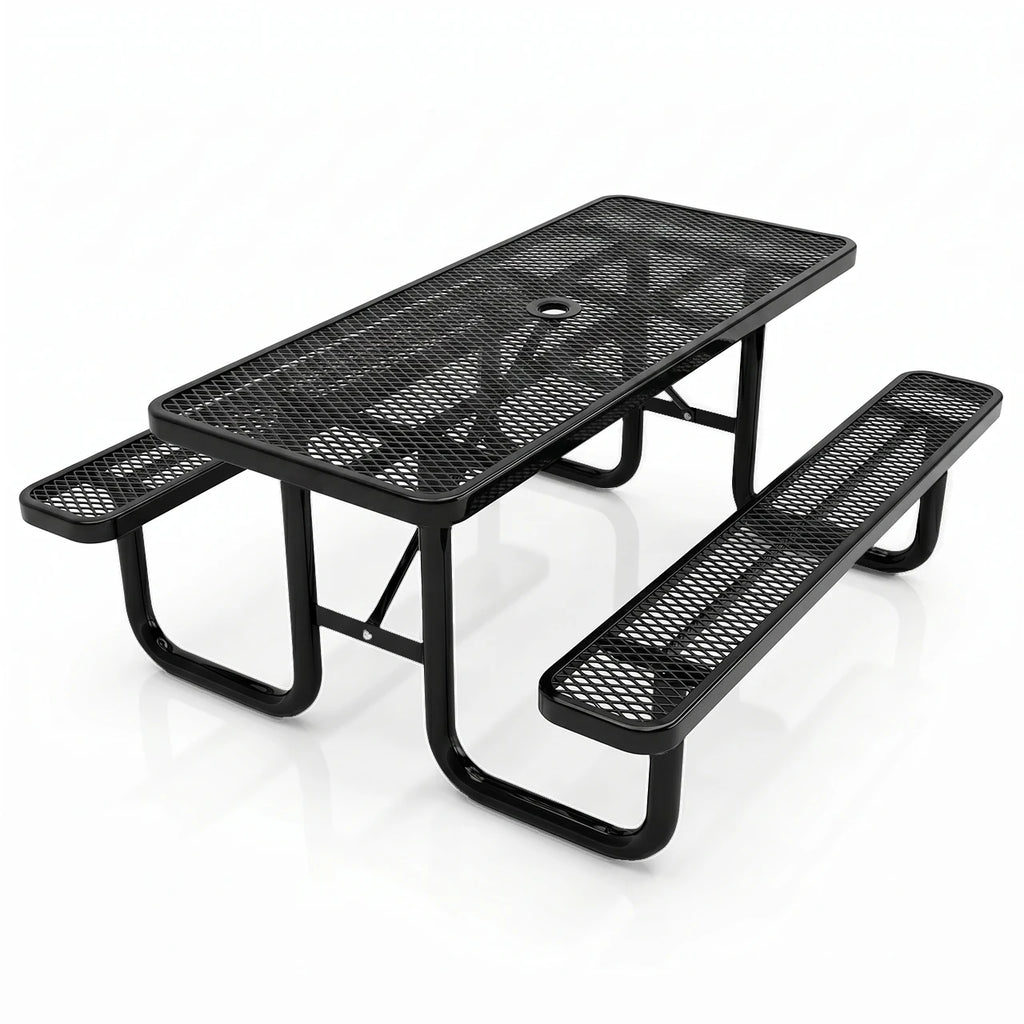 Outdoor Furniture Expanded Metal 4ft 6ft Rectangular Commercial Picnic Table With Bench Outside Patio Steel Camping Dining Table