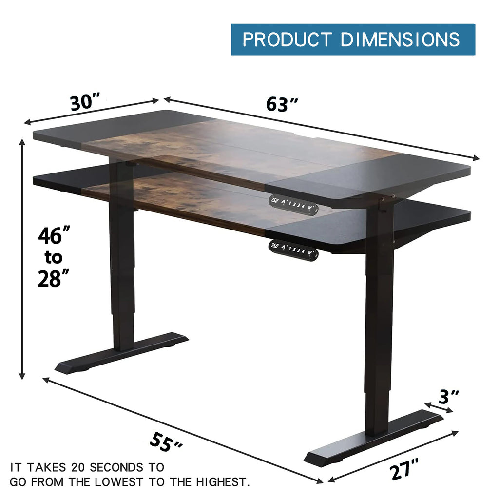 63"x30" Electric Adjustable Standing Desk Sit-Stand Home Office Desk Eco-Friendly Design Modern Look Black Brown Desktop +