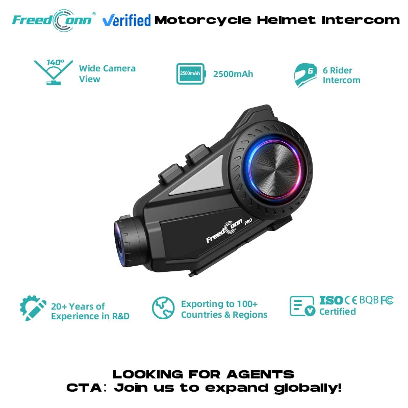 FreedConn R3 PRO V2  5.1 Motorcycle  Walkie-Talkie with One-Click Networking for 6 People and Includes Dashcam