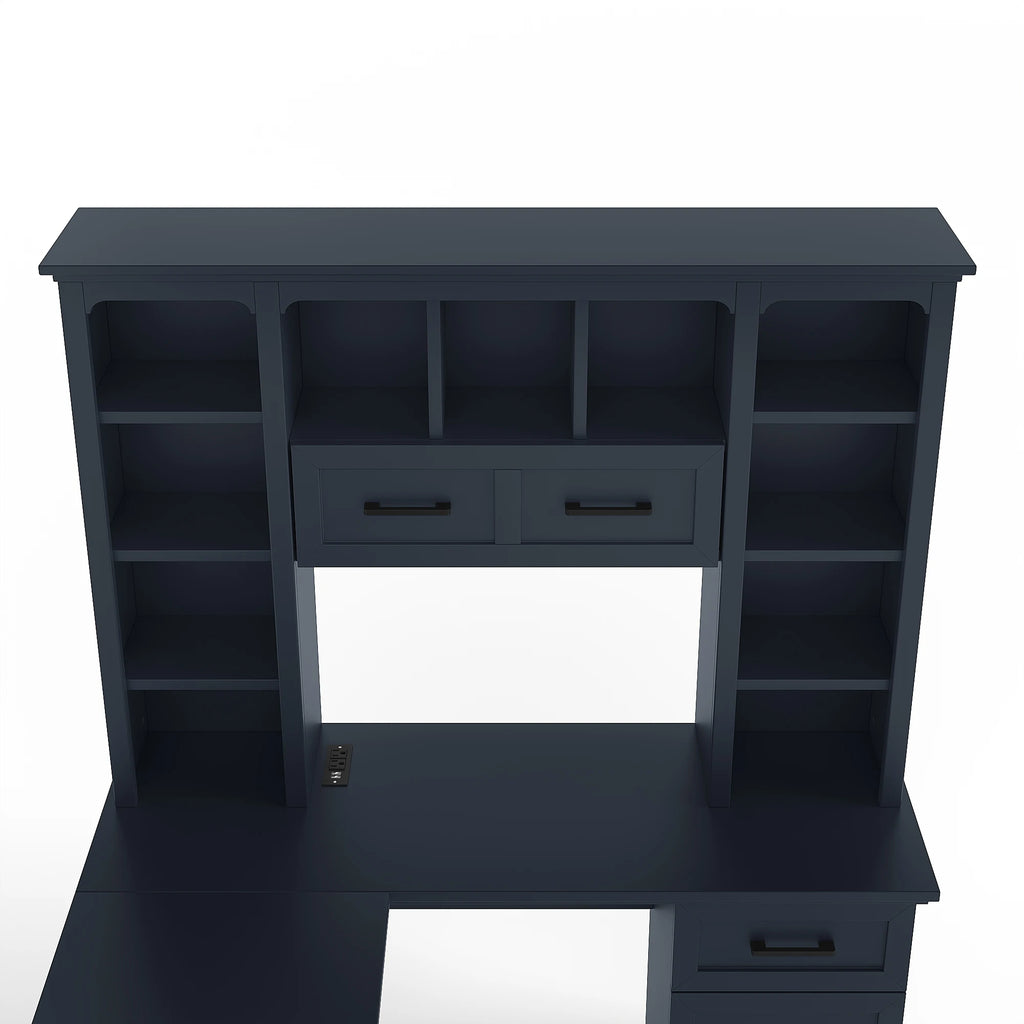 L-Shaped Computer Desk with 2 Cabinets 2 Drawers 11 Open Shelves 1 Right Flip Shelf Power Outlet Antique Blue Finish