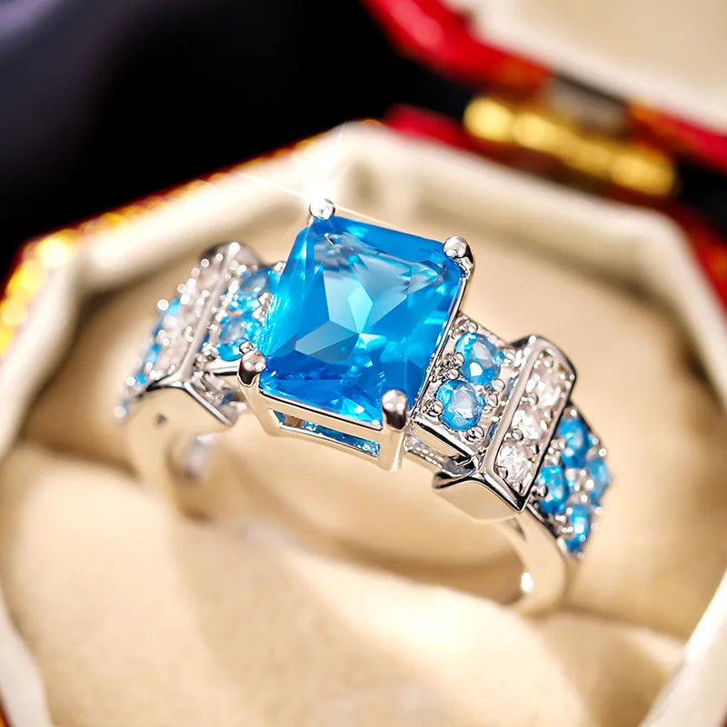 Geometric Sapphire Ring Women Prong Setting Emerald Cut Elegant Engagement Fashion Daily Wear Jewelry
