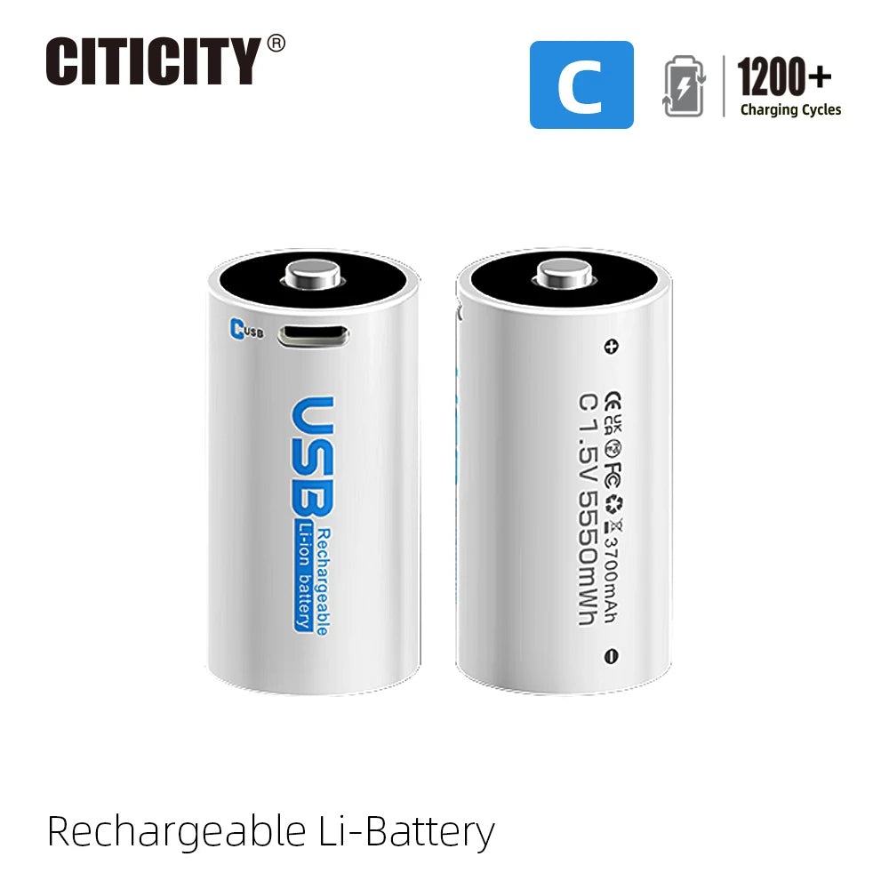 CITICITY Rechargeable C Cylindrical Lithium Ion Battery 1.5V 3000mAh USB Charger Included 3.5H Fast Charge 1200+ Cycles
