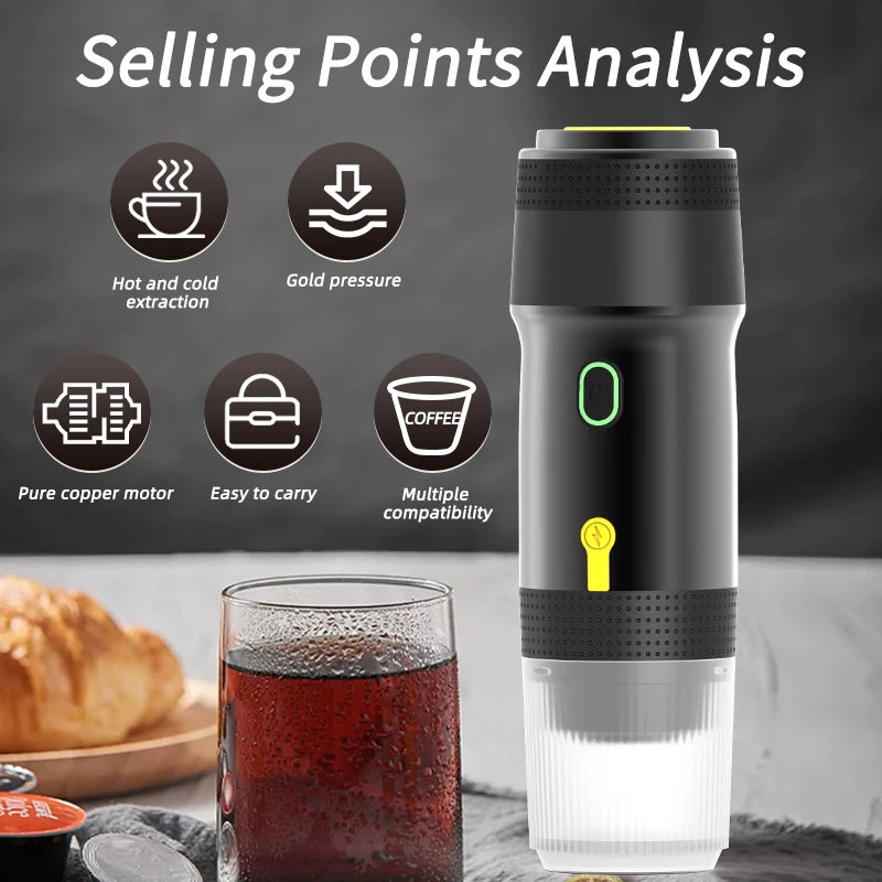 Automatic Shut-off Portable Fully Automatic Mini Espresso Machine with Hot/Cold Brew 12V Electric Battery Powered