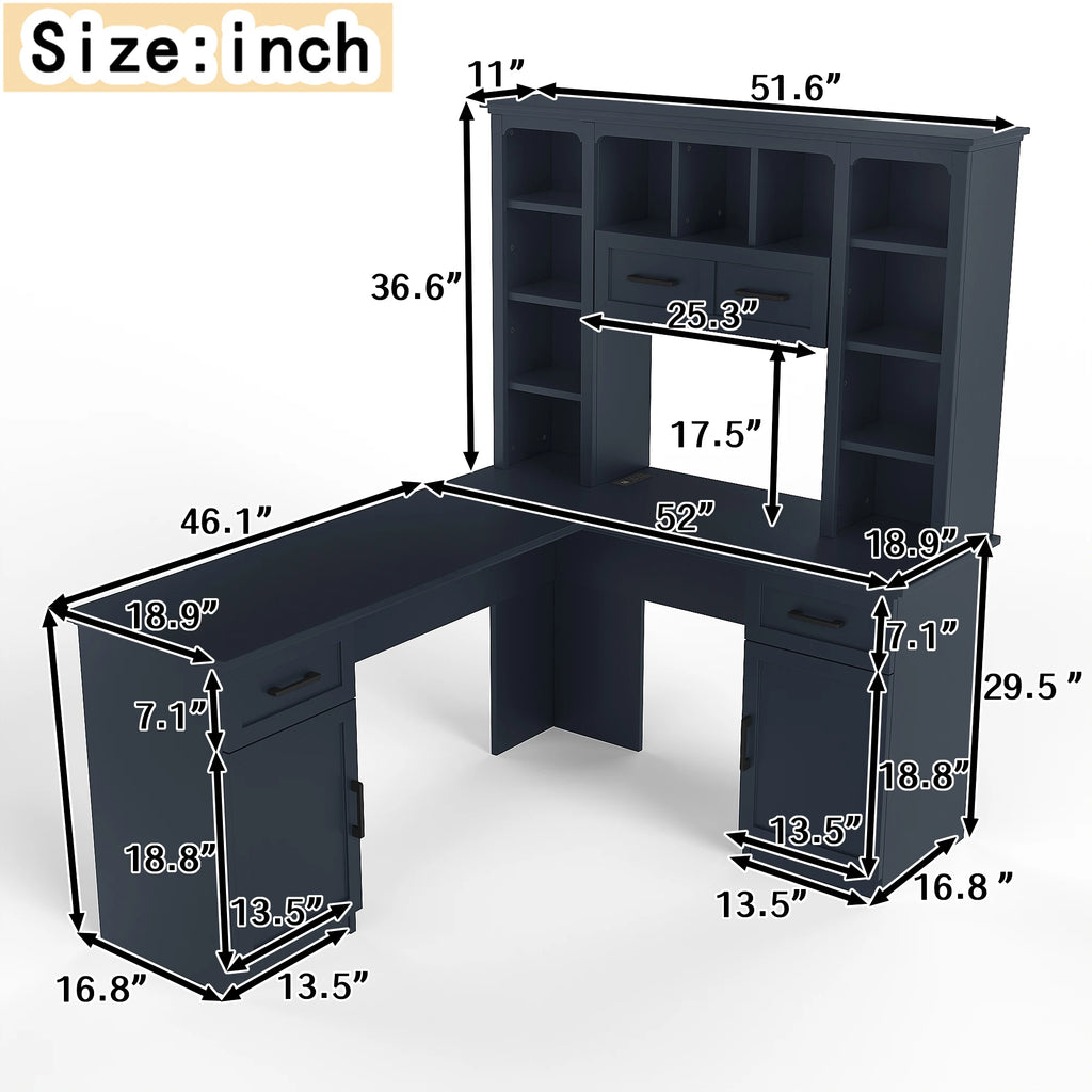 L-Shaped Computer Desk with 2 Cabinets 2 Drawers 11 Open Shelves 1 Right Flip Shelf Power Outlet Antique Blue Finish
