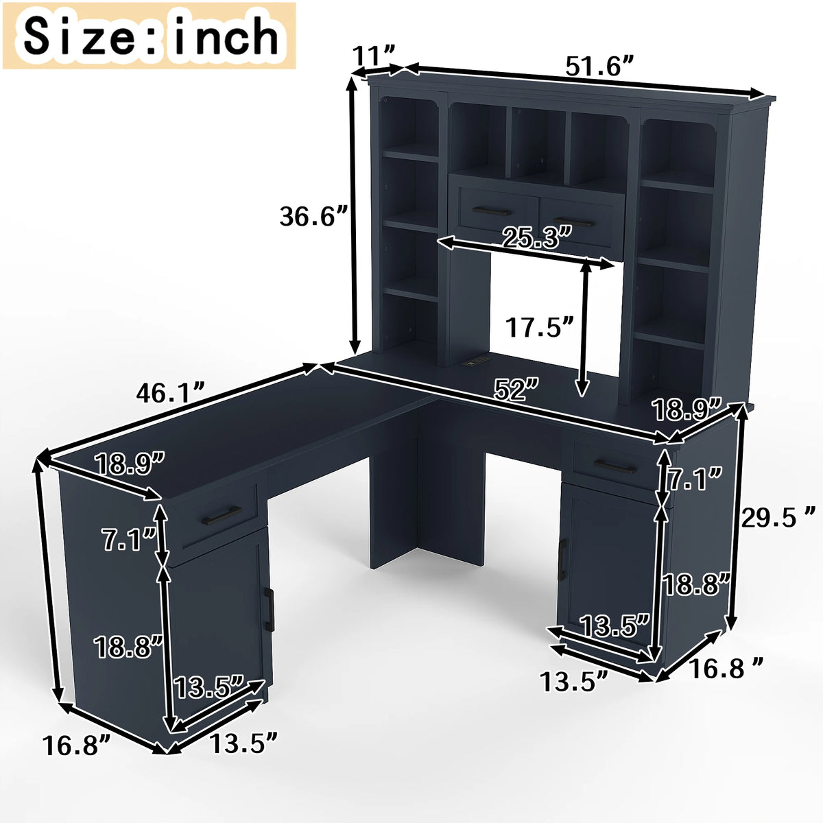 L-Shaped Computer Desk with 2 Cabinets 2 Drawers 11 Open Shelves 1 Right Flip Shelf Power Outlet Antique Blue Finish