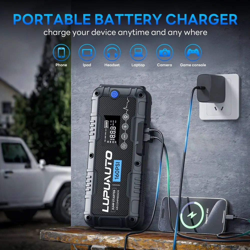 4-in-1 Portable 4000A Car Battery Charger Power Bank Tire Inflator with LED Light 160PSI Air Compressor Battery Booster