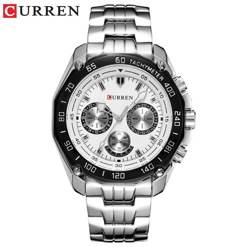 CURREN 8077  Popular  Male Quartz Watch Best Stainless Steel Band Luminous Chrono in Stock Leisure Watch Set