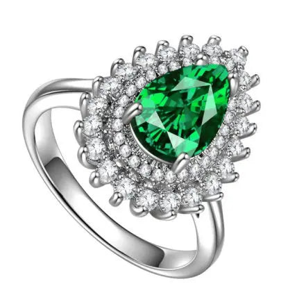 T0825 Women's Emerald Crystal Ring Water Drop Shape Party Jewelry Rhinestone Accent Silver Tone Band