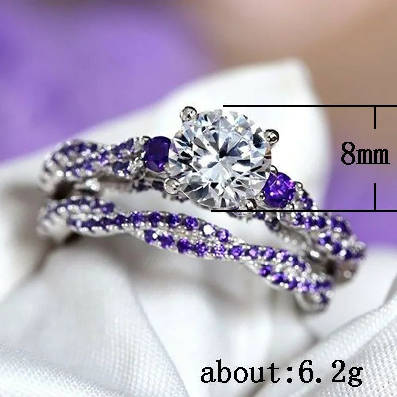 F199 Women's White Gold Lab Grown Diamond Ring Round Brilliant Cut D Color Amethyst Side Stones Engagement Jewelry
