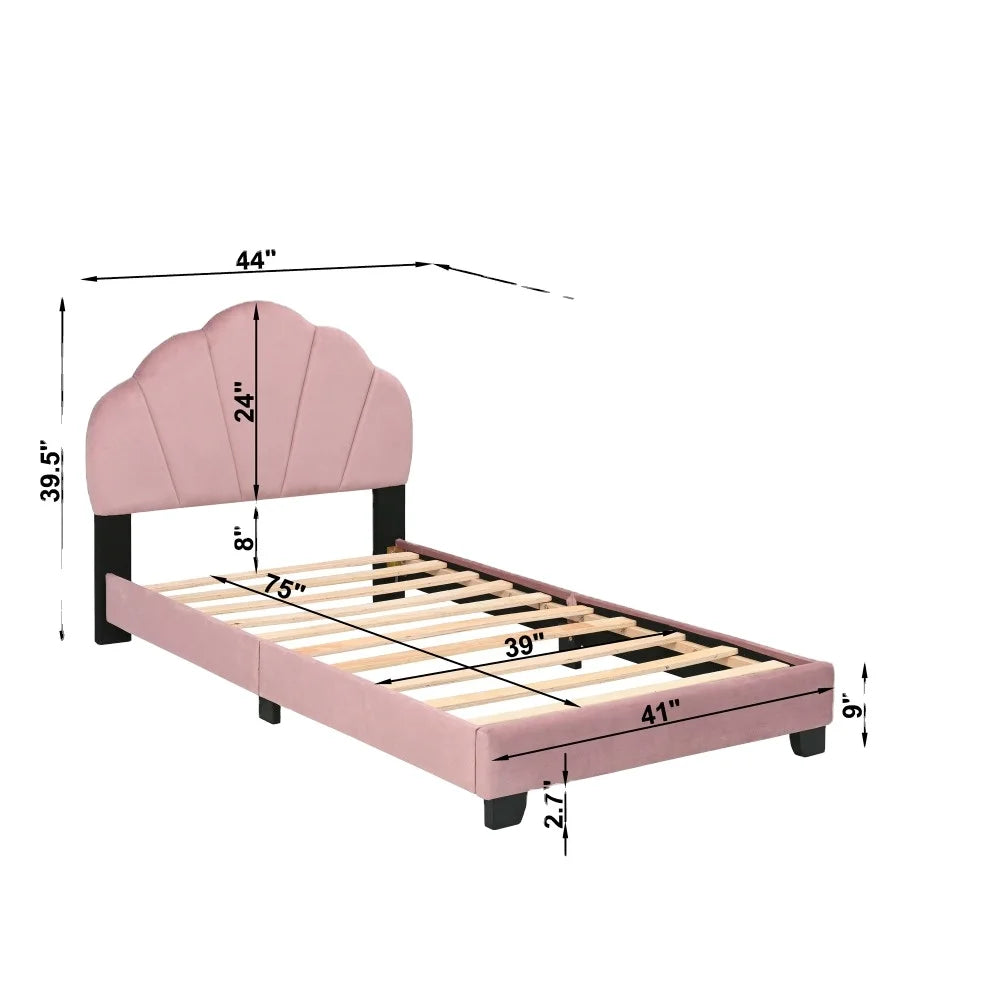 Upholstered Twin Size Platform Bed for Kids, Wooden Bed Frame with Slatted Bed Base, Cute Bed Frame with Shell Design Headboard