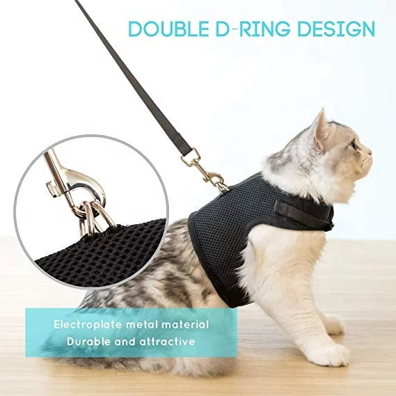 Black air Mesh Collar Cat Harness Adjustable with Leash
