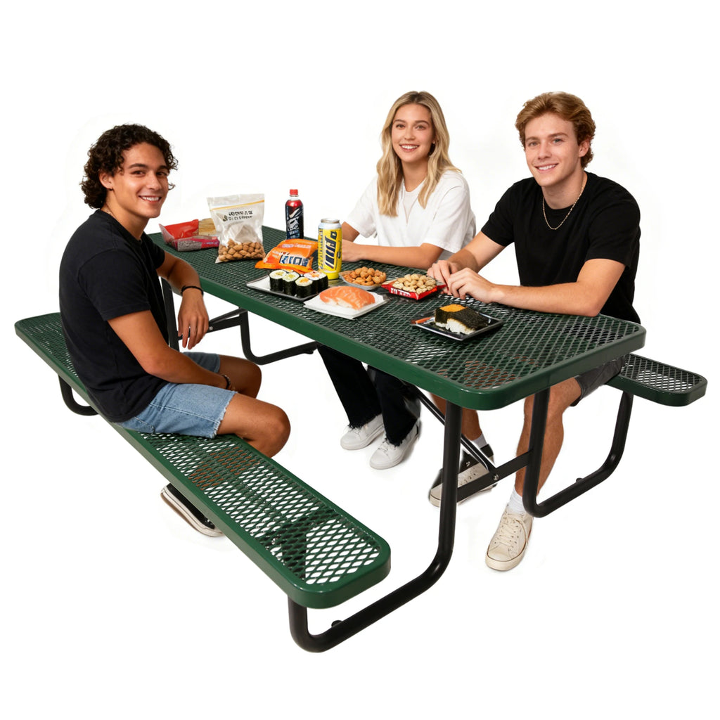 Outdoor Furniture Expanded Metal 4ft 6ft Rectangular Commercial Picnic Table With Bench Outside Patio Steel Camping Dining Table