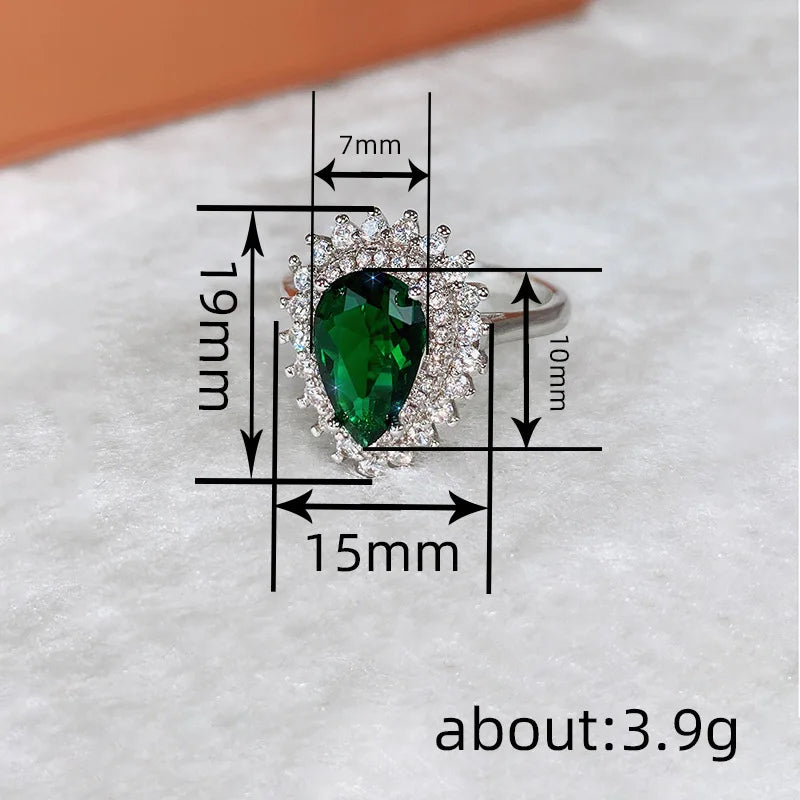T0825 Women's Emerald Crystal Ring Water Drop Shape Party Jewelry Rhinestone Accent Silver Tone Band