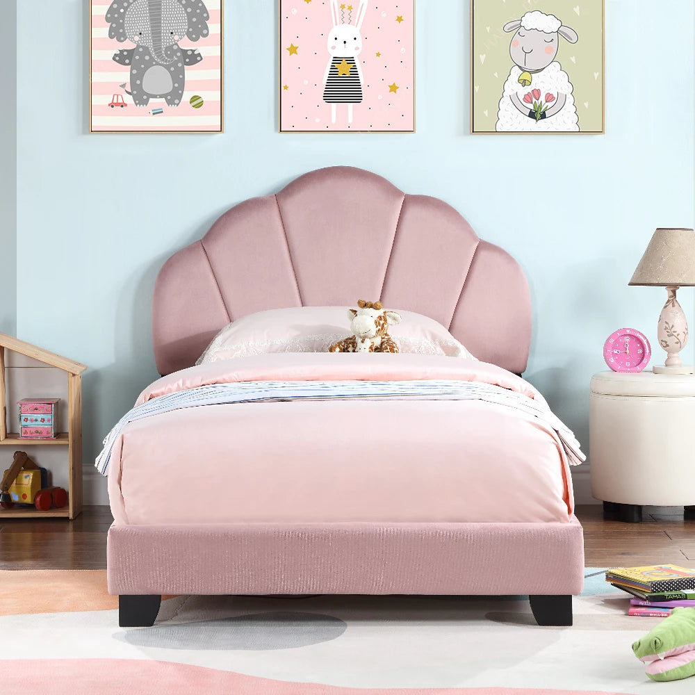 Upholstered Twin Size Platform Bed for Kids, Wooden Bed Frame with Slatted Bed Base, Cute Bed Frame with Shell Design Headboard